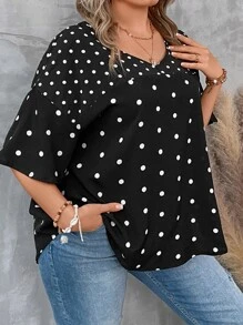 SHEIN LUNE Blusa con estampado de lunares de manga con volante - Negro - Ver 4