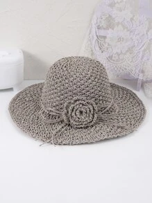 Flower Decor Straw Hat - Grey - View 4
