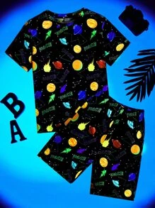SHEIN Boys Reflective Galaxy Print Tee & Shorts PJ Set - Multicolor - View 1