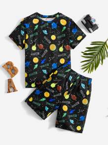 SHEIN Boys Reflective Galaxy Print Tee & Shorts PJ Set - Multicolor - View 9