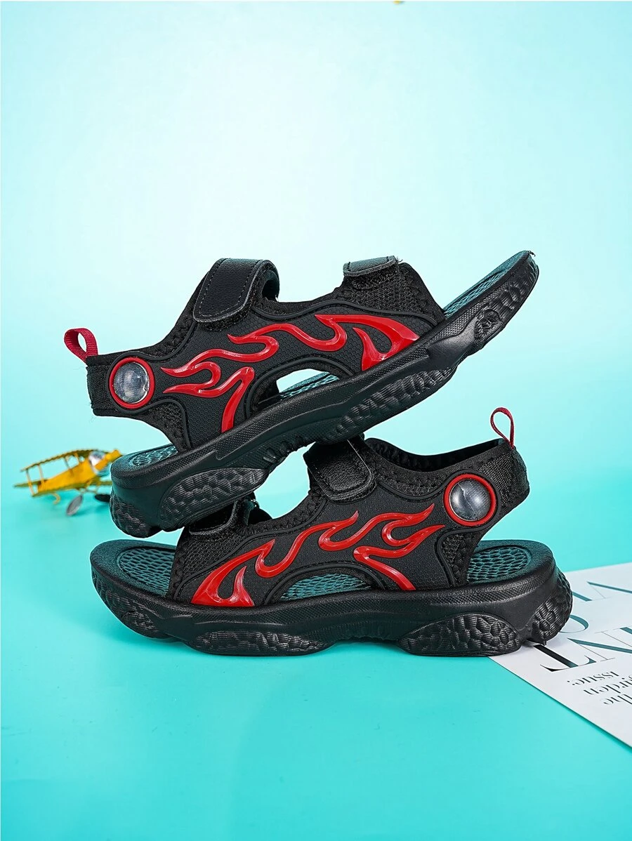 Boys Fire Pattern Hook-and-loop Fastener Sport Sandals, Sporty Outdoor Sandals