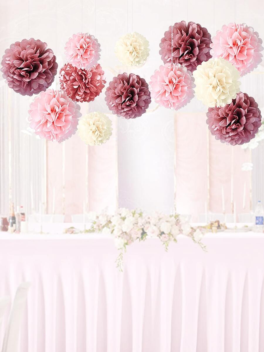 12pcs/set Paper Tissue Flower, Mixed Color Hanging Pom Pom Decoration For Party Decoration - Pink - View 1