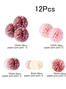 12pcs/set Paper Tissue Flower, Mixed Color Hanging Pom Pom Decoration For Party Decoration - Pink - View 4