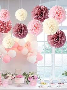12pcs/set Paper Tissue Flower, Mixed Color Hanging Pom Pom Decoration For Party Decoration - Pink - View 5