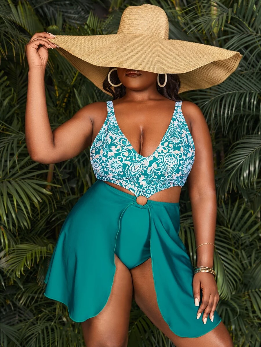 Plus Paisley Print Ring Linked One Piece Swimsuit - Cadet Blue - View 1