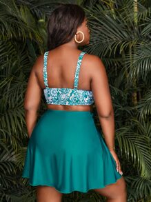 Plus Paisley Print Ring Linked One Piece Swimsuit - Cadet Blue - View 2