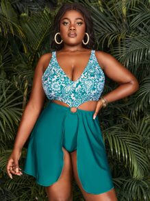 Plus Paisley Print Ring Linked One Piece Swimsuit - Cadet Blue - View 3