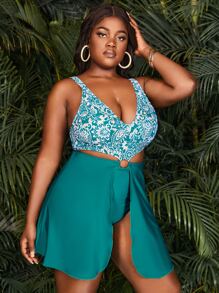 Plus Paisley Print Ring Linked One Piece Swimsuit - Cadet Blue - View 5