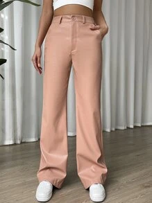 SHEIN Coolane Quần nữ Nút Túi Dây kéo màu trơn Giải trí - Màu be - Xem 3