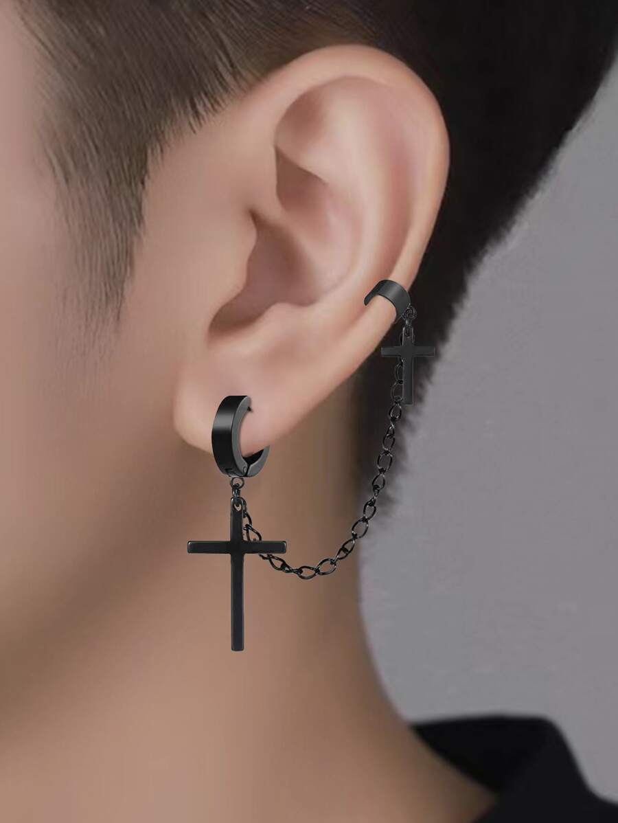 Nooxian Fashionable And Popular 1pc Men Cross Decor Earring Stainless Steel For Jewelry Gift And For A Stylish Look - Black - View 1