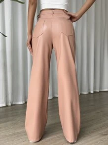 SHEIN Coolane Quần nữ Nút Túi Dây kéo màu trơn Giải trí - Màu be - Xem 2