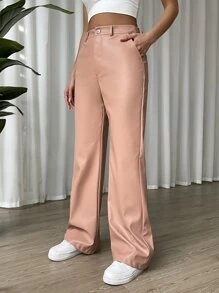 SHEIN Coolane Quần nữ Nút Túi Dây kéo màu trơn Giải trí - Màu be - Xem 4