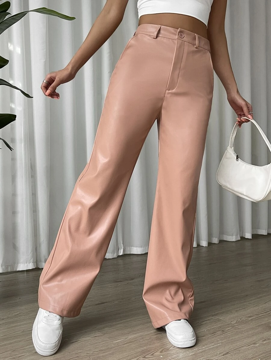 SHEIN Coolane Quần nữ Nút Túi Dây kéo màu trơn Giải trí - Màu be - Xem 1