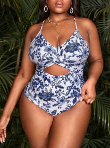 Plus Size Floral Print Cut Out Twist Front One Piece Swimsuit, For Summer Beach Vacation - Blue and White - View 1