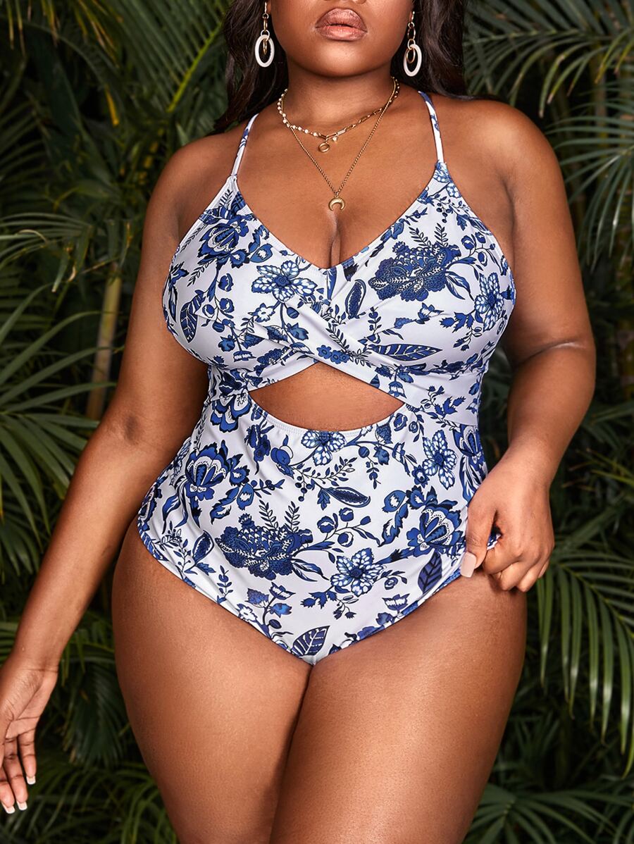 Plus Size Floral Print Cut Out Twist Front One Piece Swimsuit, For Summer Beach Vacation - Blue and White - View 1
