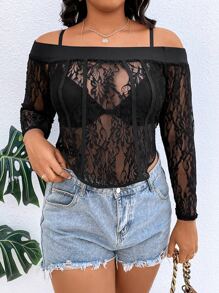 SHEIN Unity Plus Off Shoulder Curved Hem Lace Top Without Bra - Black - View 1