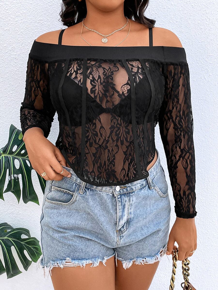 SHEIN Unity Plus Off Shoulder Curved Hem Lace Top Without Bra - Black - View 1