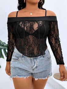 SHEIN Unity Plus Off Shoulder Curved Hem Lace Top Without Bra - Black - View 3