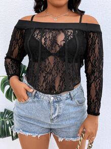 SHEIN Unity Plus Off Shoulder Curved Hem Lace Top Without Bra - Black - View 5