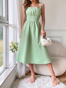 Breezaya 素色胸部褶皺吊帶洋裝 - 綠色 - 查看 4