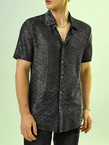 GENTILAND 男士雜色針織前紐扣襯衫 - 黑色 - 查看 1