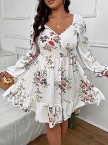 SHEIN Holidaya Vestido con estampado floral escote corazón bajo con fruncido - Blanco - Ver 1