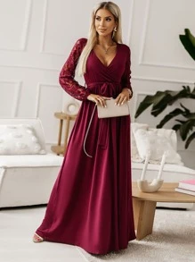 Contrast Lace Surplice Neck Dress - Burgundy - View 1