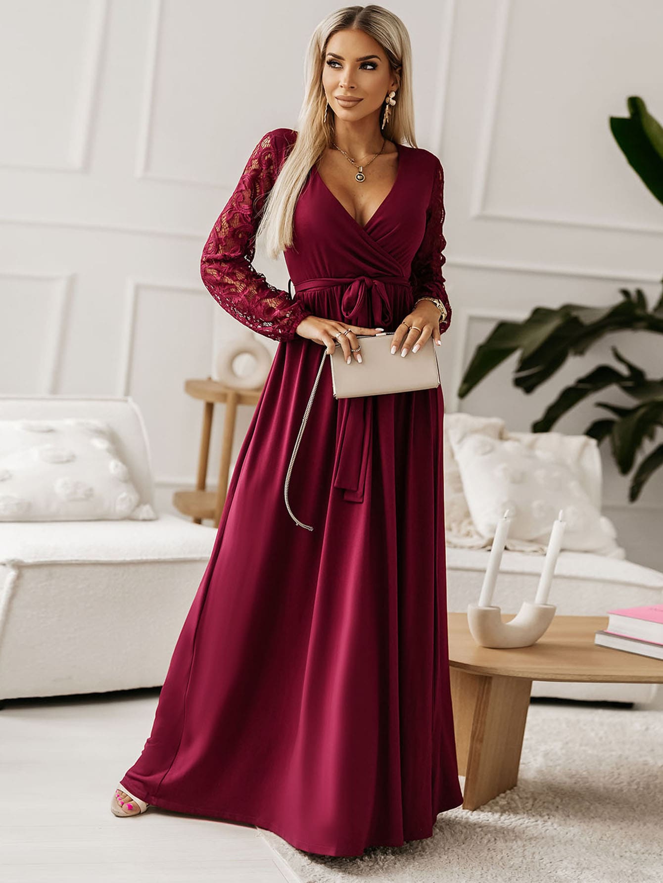 Contrast Lace Surplice Neck Dress - Burgundy - View 1