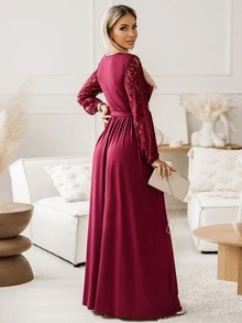 Contrast Lace Surplice Neck Dress - Burgundy - View 2