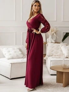 Contrast Lace Surplice Neck Dress - Burgundy - View 3