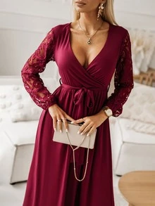 Contrast Lace Surplice Neck Dress - Burgundy - View 4