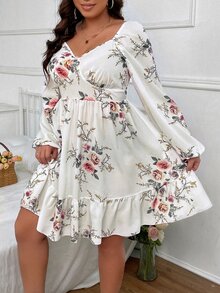 SHEIN Holidaya Vestido con estampado floral escote corazón bajo con fruncido - Blanco - Ver 4