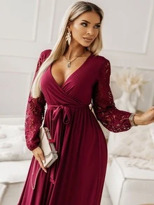 Contrast Lace Surplice Neck Dress - Burgundy - View 5