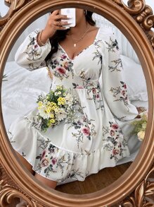 SHEIN Holidaya Vestido con estampado floral escote corazón bajo con fruncido - Blanco - Ver 5