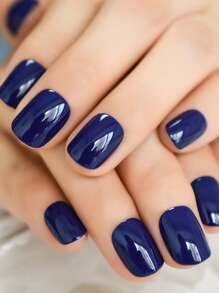 Elevate Your Style With 24pcs Short Square Blue Solid Glossy Plain Fake Nail & 1sheet Tape & 1pc Nail File & 1pc Stick Press On Nails Nail Supplies
