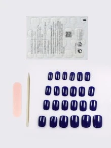 Elevate Your Style With 24pcs Short Square Blue Solid Glossy Plain Fake Nail & 1sheet Tape & 1pc Nail File & 1pc Stick Press On Nails Nail Supplies