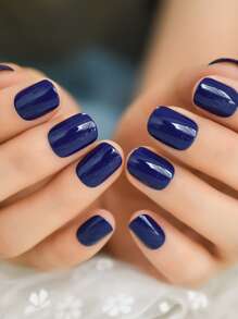 Elevate Your Style With 24pcs Short Square Blue Solid Glossy Plain Fake Nail & 1sheet Tape & 1pc Nail File & 1pc Stick Press On Nails Nail Supplies
