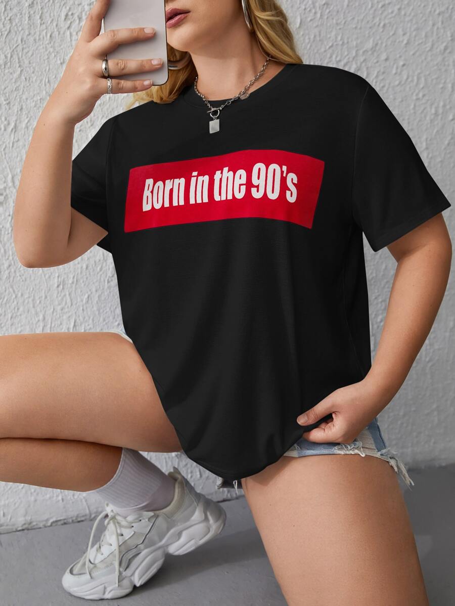 SHEIN EZwear Plus Letter Graphic Tee - Black - View 1