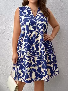 SHEIN LUNE Plus Allover Print Notched Neckline Ruffle Hem Smock Dress - Blue and White - View 1