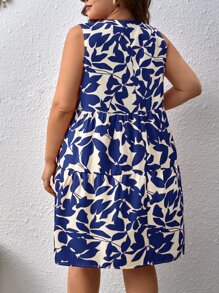 SHEIN LUNE Plus Allover Print Notched Neckline Ruffle Hem Smock Dress - Blue and White - View 2