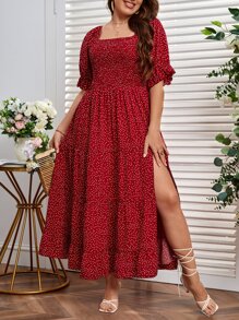 SHEIN VCAY Váy xẻ đùi in họa tiết chấm bi Boho cỡ lớn, dành cho mùa hè - Màu Đỏ Sâu - Xem 1
