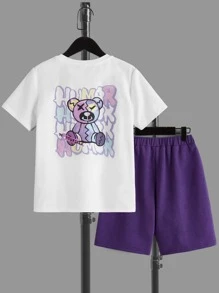 SHEIN 男孩熊和字母圖案T恤和短褲 - 紫色 - 查看 1
