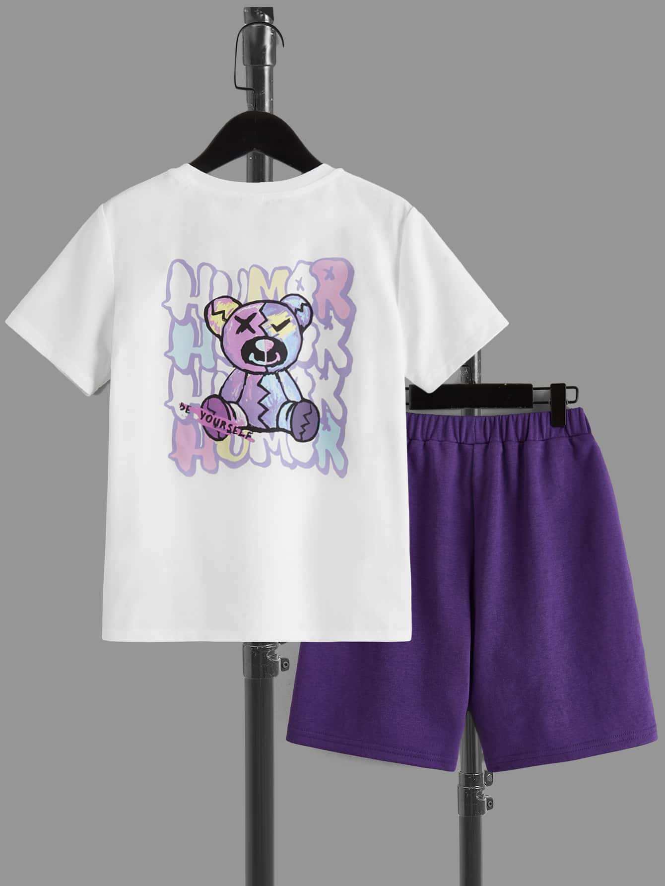 SHEIN 男孩熊和字母圖案T恤和短褲 - 紫色 - 查看 1
