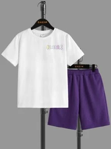 SHEIN 男孩熊和字母圖案T恤和短褲 - 紫色 - 查看 2
