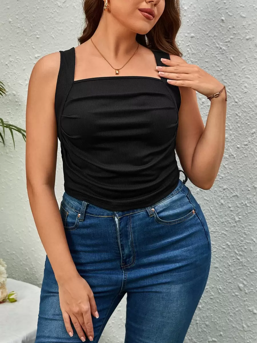 SHEIN Privé Plus Ruched Tank Top - Black - View 1