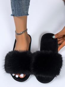 Autumn/Winter New Long Fur Solid Color Minimalist Lightweight Women's Home Bedroom Slippers - Black - View 3