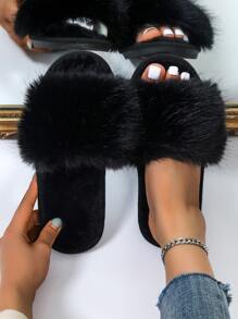 Autumn/Winter New Long Fur Solid Color Minimalist Lightweight Women's Home Bedroom Slippers - Black - View 5