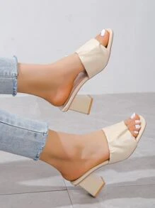 女士紋理質感設計粗跟優雅穆勒涼鞋 - 米色 - 查看 1