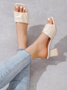 女士紋理質感設計粗跟優雅穆勒涼鞋 - 米色 - 查看 3