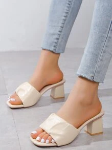 女士紋理質感設計粗跟優雅穆勒涼鞋 - 米色 - 查看 4